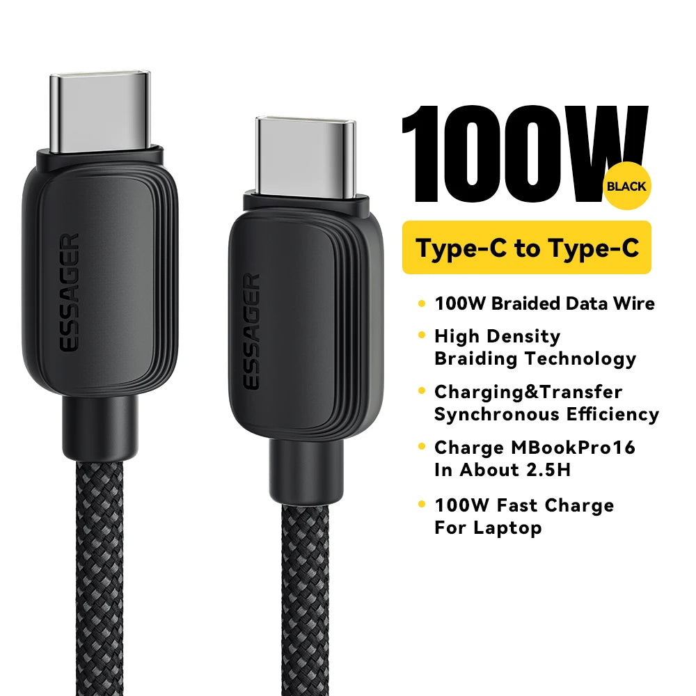 Essager 100W USB-C to USB-C braided fast charging cable in black