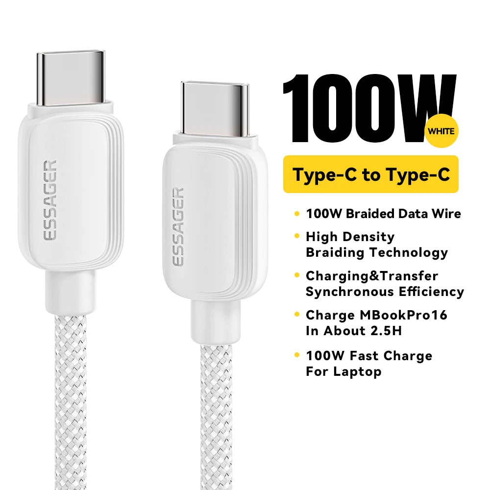 Essager 100W USB-C to USB-C braided fast charging cable in white