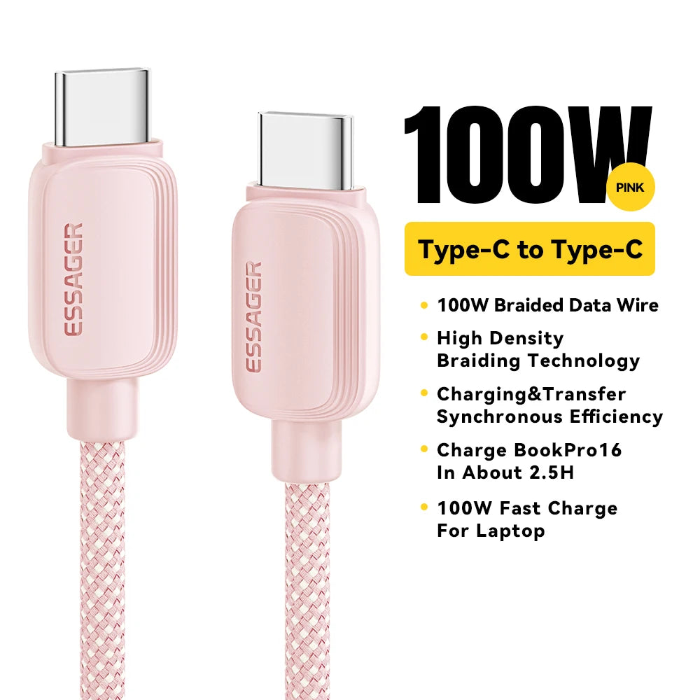 Essager 100W USB-C to USB-C braided fast charging cable in pink