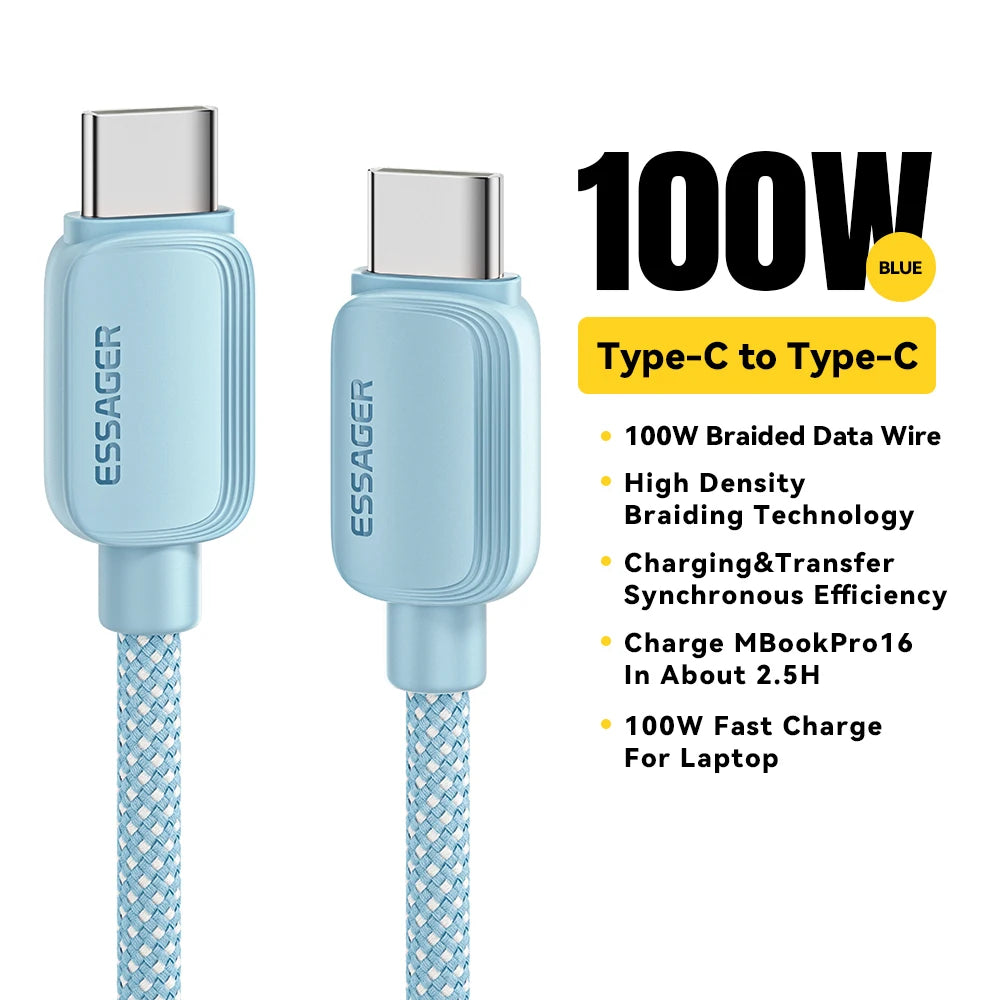 Essager 100W USB-C to USB-C braided fast charging cable in blue